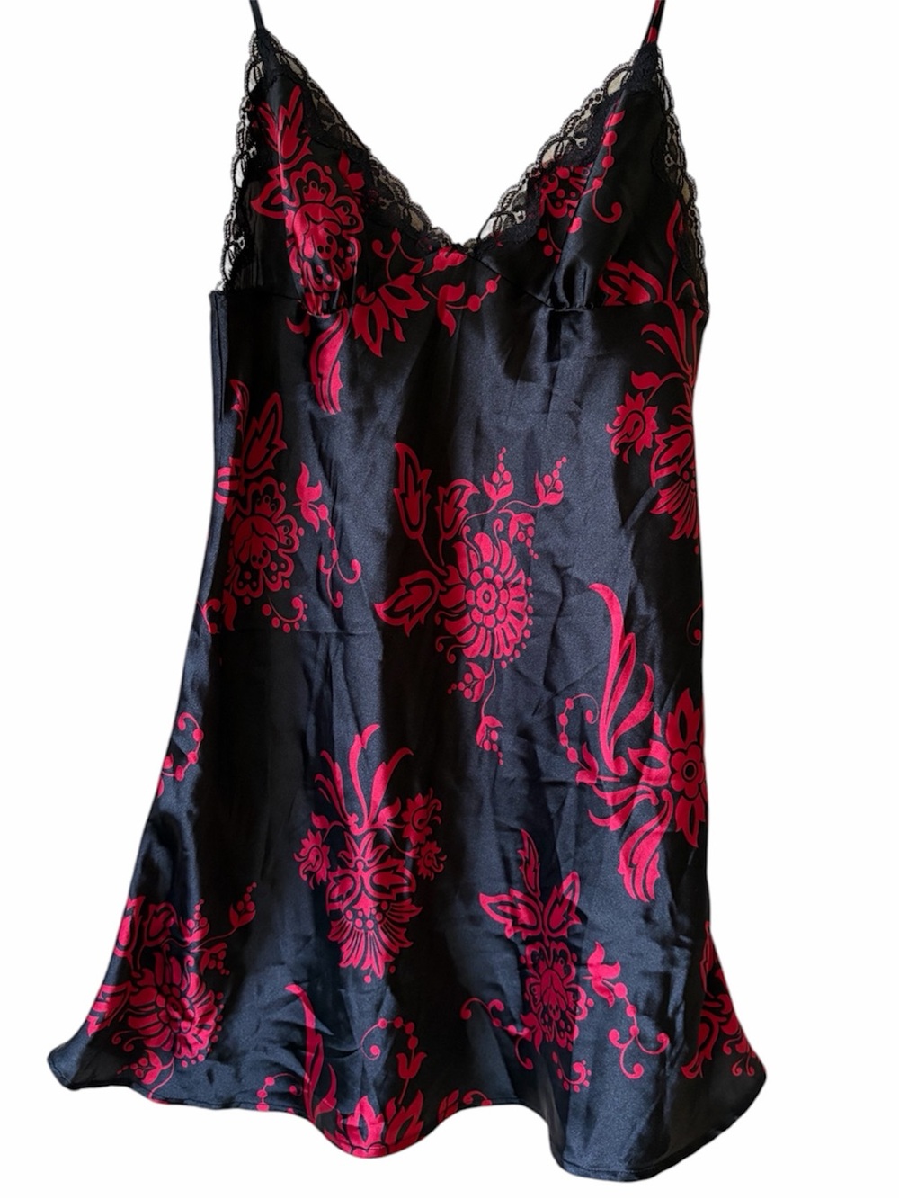 La Senza Black Red Satin Slip Dress Lace Trim Y2K Whimsigoth Lingerie Dress